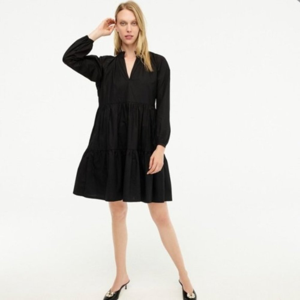 J. Crew Ruffle Neck Tiered Popover Dress NWOT Sz 8 Tall Black